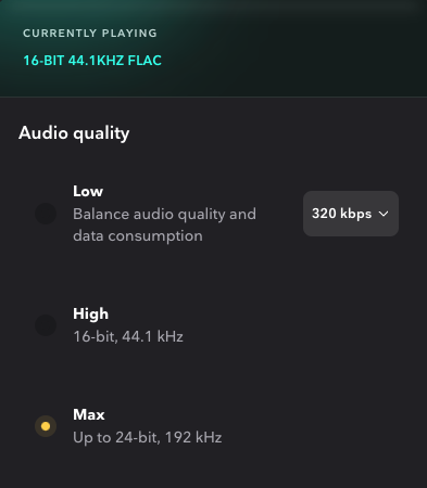 Tidal quality settings menu. Max quality is selected. Currently playing: 16-bit 44.1kHz FLAC